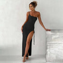 Vestido Longo Um Ombro Só Com Fenda Drapeado