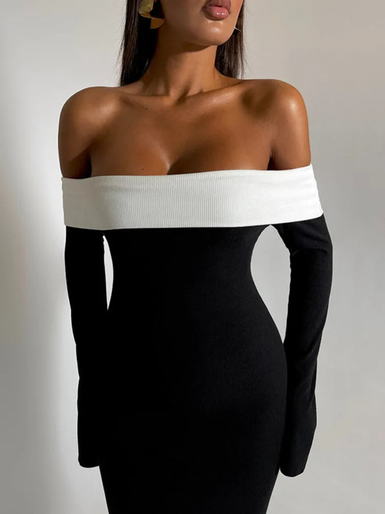 Vestido Longo Ombro a Ombro Com Manga Longa Preto