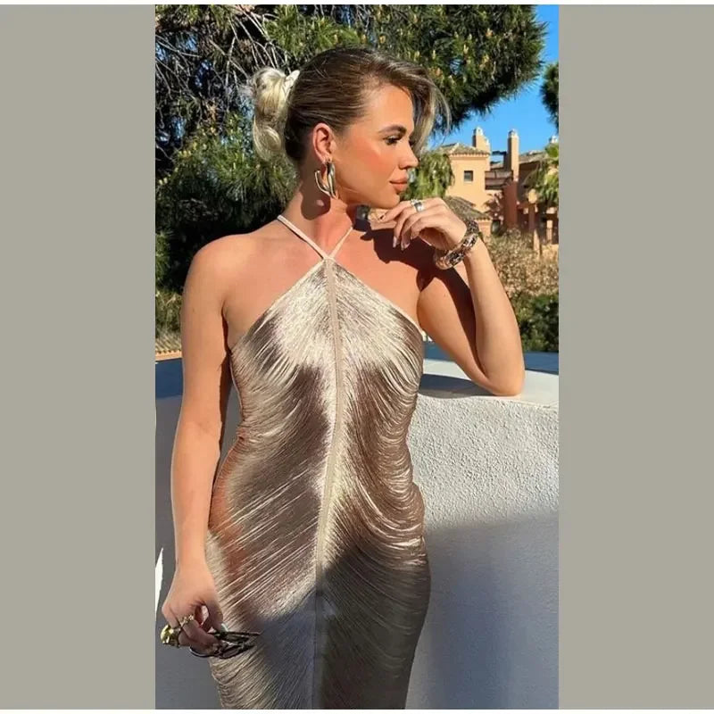 Vestido Midi De Franjas Gola Halter Dourado