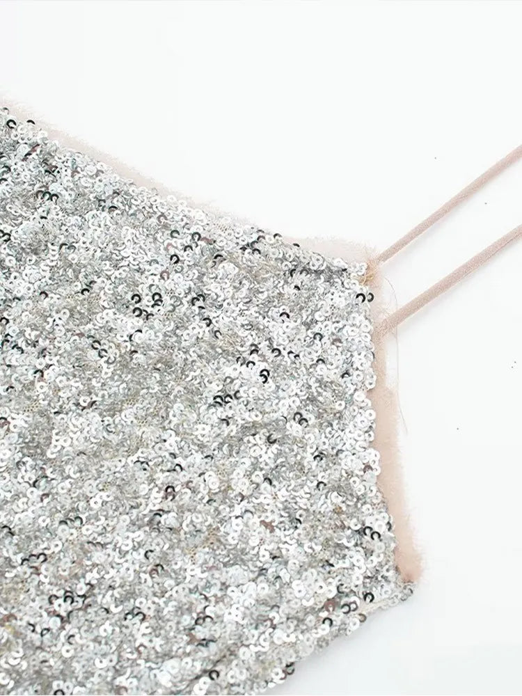 Vestido Midi De Paetês Alça Fina Prata