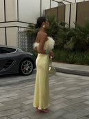 Vestido Longo Em Cetim Com Plumas Tomara Que Caia Amarelo