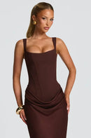 Vestido Longo Estilo Corset Com Alças Finas Marrom