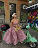 Vestido Midi Rodado Flores 3D Rosa