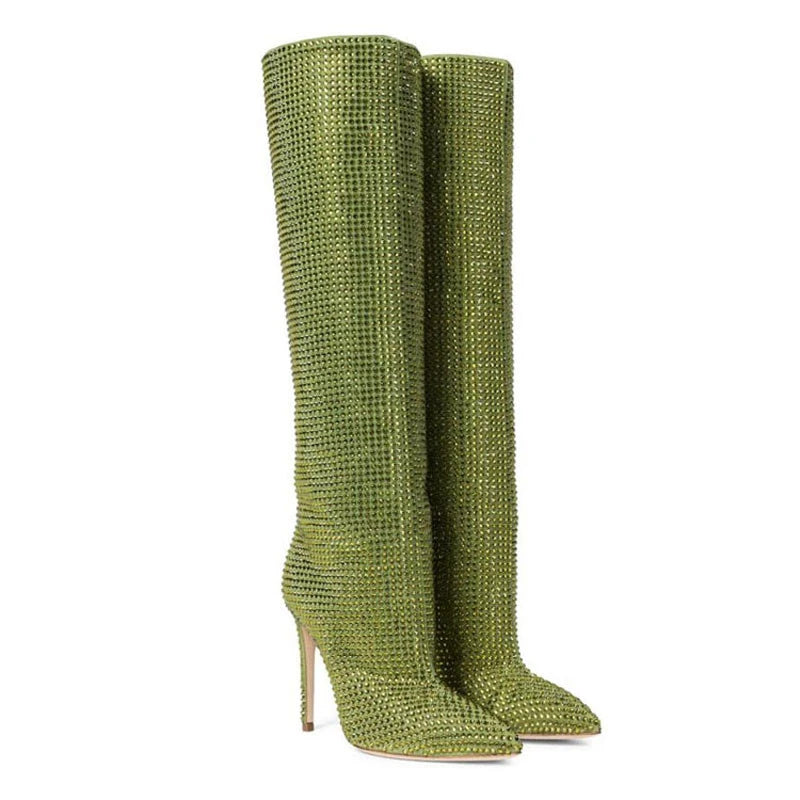 Bota Bico Fino Cano Alto 9cm Com Strass Verde