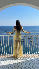 Vestido Longo Estilo Sereia Ombro a Ombro Amarelo
