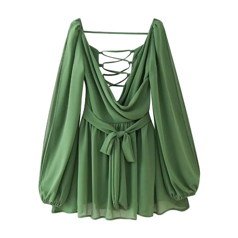 Vestido Curto Em Chiffon Manga Longa Preto
