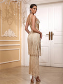 Vestido Longo De Malha Todo Em Franjas Pink