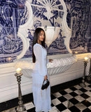 Vestido Longo Manga Longa Gola V Com Babados Rosa