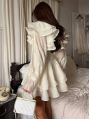 Vestido Curto Manga Longa Com Babados em Crepe Branco