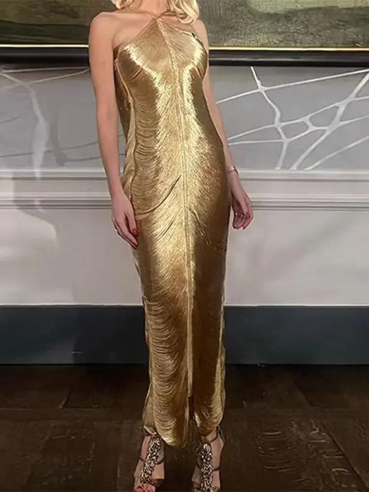 Vestido Midi De Franjas Gola Halter Dourado