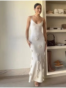 Vestido Longo Decote V Flores 3D Off White