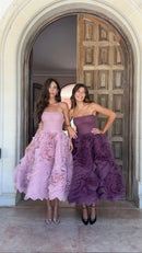 Vestido Midi Rodado Flores 3D Rosa