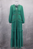 Vestido Longo Manga Longa Gola V Com Babados Rosa