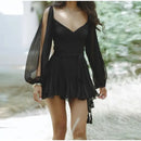 Vestido Curto Em Chiffon Manga Longa Preto