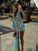 Vestido Curto Estampado Em Tule Manga Longa Com Cauda Azul