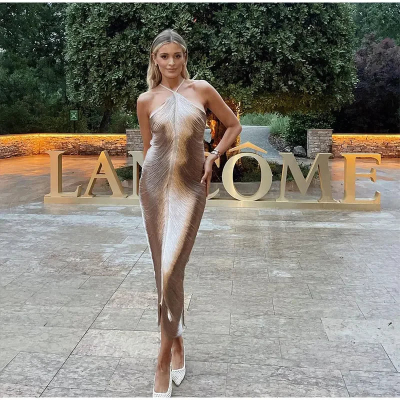 Vestido Midi De Franjas Gola Halter Dourado