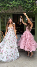 Vestido Midi Rodado Flores 3D Rosa