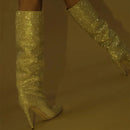 Bota Bico Fino Cano Alto 9cm Com Strass Preto