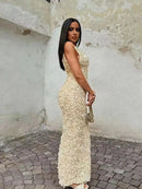 Vestido Longo Com Fenda Flores 3D Off White