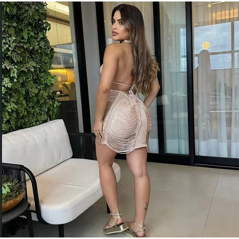 Vestido Curto De Tricô Com Franjas Rosa