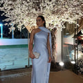 Vestido Longo Cetim Um Ombro Só Com Amarração No Pescoço Amarelo