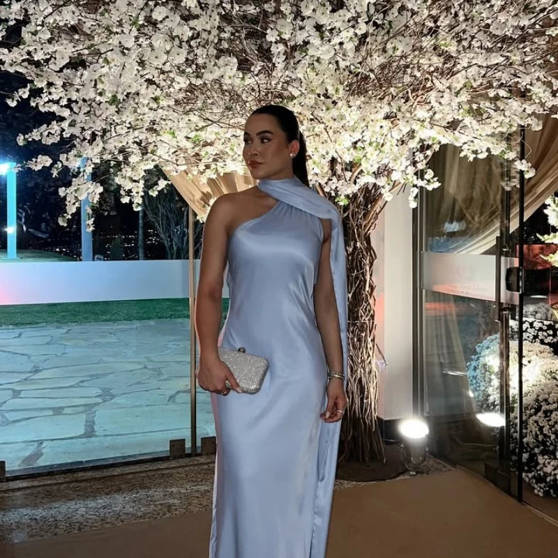 Vestido Longo Cetim Um Ombro Só Com Amarração No Pescoço Amarelo