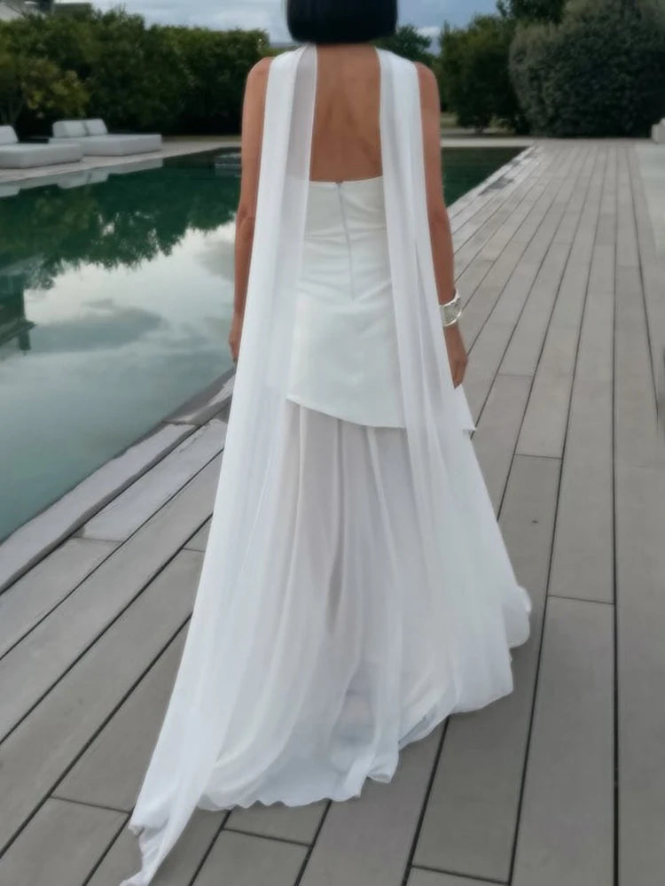 Vestido Longo Tomara Que Caia Assimétrico Sobreposto Marrom