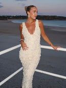 Vestido Longo Com Fenda Flores 3D Off White