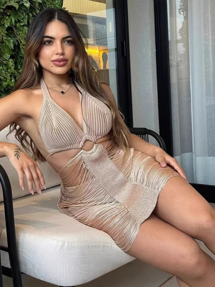 Vestido Curto De Tricô Com Franjas Rosa