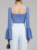 Blusa De Malha Premium Decote Borboleta Manga Longa Com Babados Preto