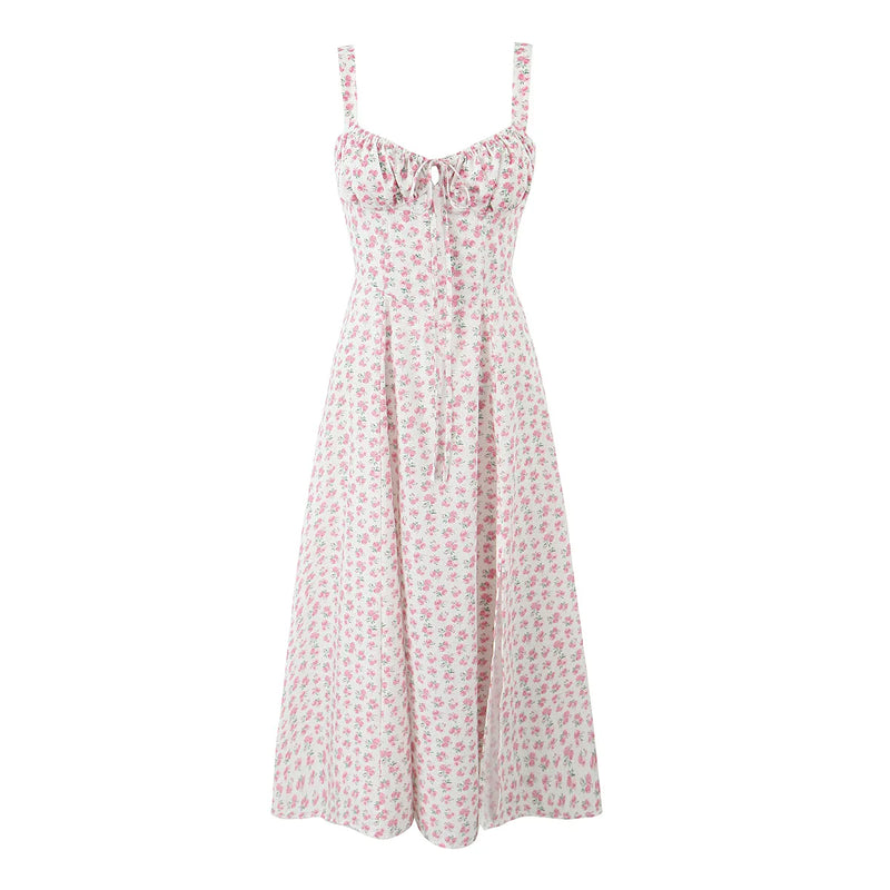 Vestido Midi Alça Fina Decote Coração Estampa Floral