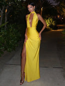 Vestido Longo Recorte Reto Com Fenda Amarelo