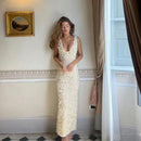 Vestido Longo Com Fenda Flores 3D Off White