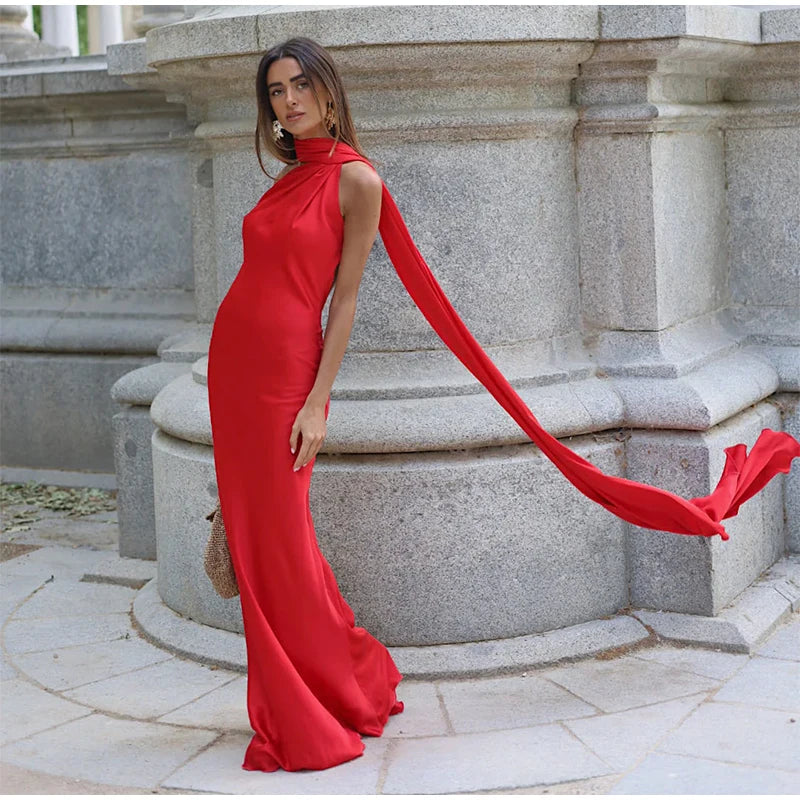 Vestido Longo Cetim Um Ombro Só Com Amarração No Pescoço Amarelo