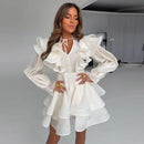 Vestido Curto Manga Longa Com Babados em Crepe Branco