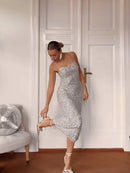 Vestido Midi De Paetês Alça Fina Prata