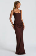 Vestido Longo Estilo Corset Com Alças Finas Marrom