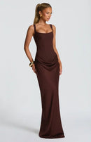 Vestido Longo Estilo Corset Com Alças Finas Marrom