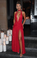 Vestido Longo Todo em Lurex Brilhoso Com Fenda Frontal Bege