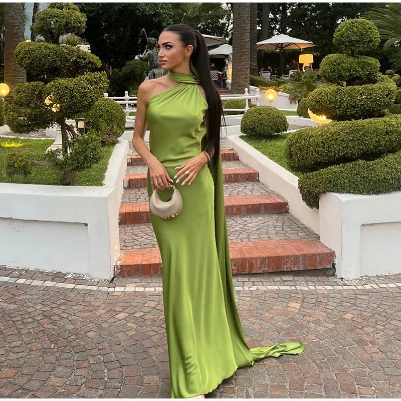 Vestido Longo Cetim Um Ombro Só Com Amarração No Pescoço Amarelo