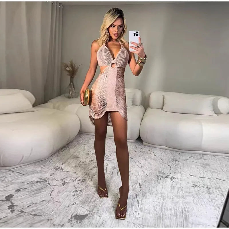 Vestido Curto De Tricô Com Franjas Rosa