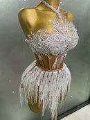 Macaquinho Em Tule Sem Manga Com Pérolas e Franjas Branco