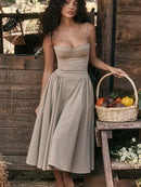 Vestido Rodado Alça Fina Plissado Bege