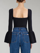 Blusa De Malha Premium Decote Borboleta Manga Longa Com Babados Preto