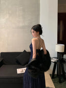 Vestido Longo De Paetês Alça Fina Com Fenda Azul