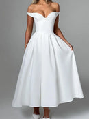 Vestido Longo Estruturado Rodado Ombro a Ombro Branco