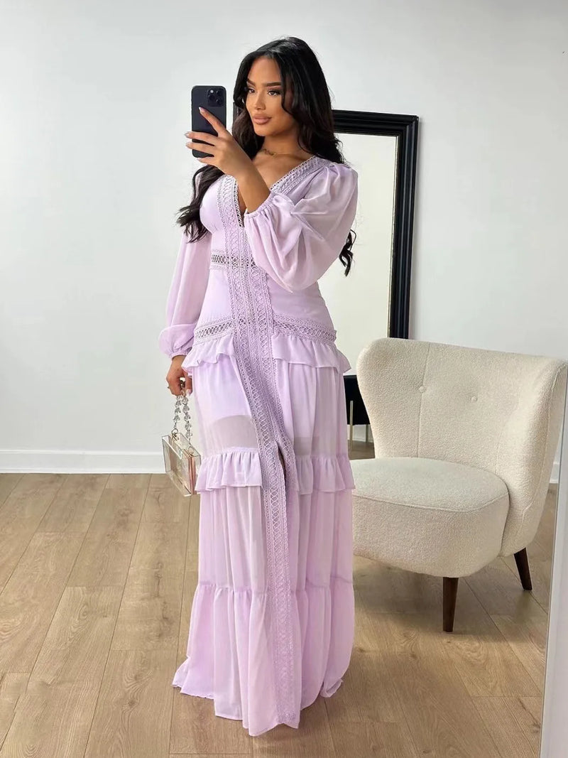 Vestido Longo Manga Longa Gola V Com Babados Rosa