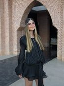 Vestido Curto Todo em Cetim Manga Longa Rosa