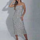 Vestido Midi De Paetês Alça Fina Prata