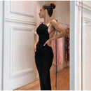 Vestido Longo Cauda Drapeada Alça Fina Preto